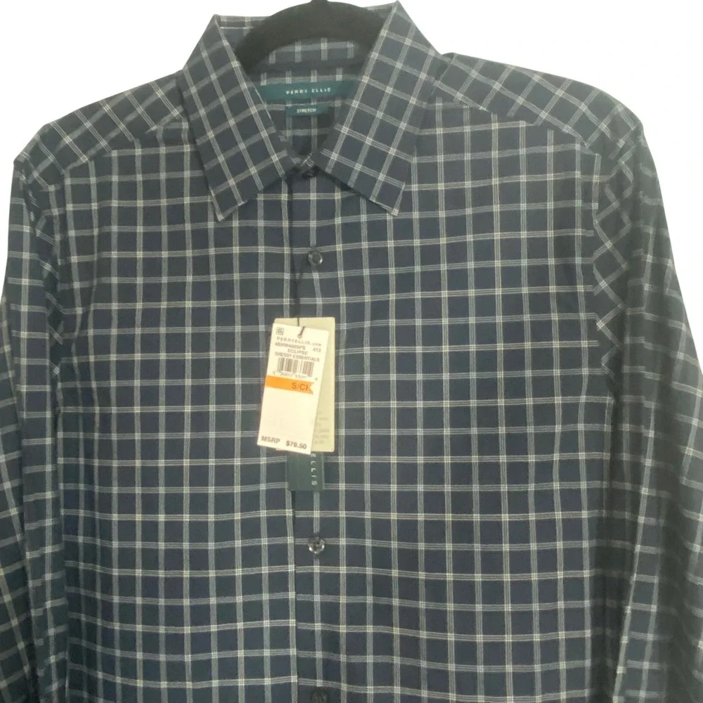 Perry Ellis Mens Stretch Dressy Essentials Eclipse Check Shirt 4EHW4065PS. Small